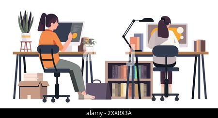 Coworking space with two people working at desks plants bookshelves and office supplies modern workplace design Stock Vector