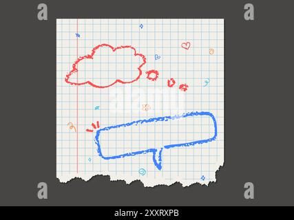 Piece of page with red and blue color speech bubbles. Dialog handwriting doodle text boxes written by wax crayon on jagged white paper with square Stock Vector