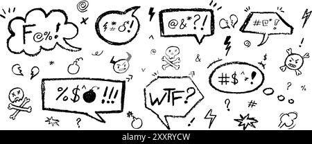 Set of speech bubbles drawn by crayon pencil and swear symbols. Collection of hand drawn chalk line elements. Black color text box quote or dialog for Stock Vector