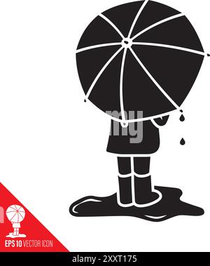 Kid with umbrella standing in puddle vector glyph icon Stock Vector