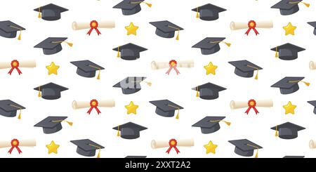 Seamless vector pattern with graduation caps, diplomas with red ribbons and gold stars. Template for use in educational designs, graduation announceme Stock Vector