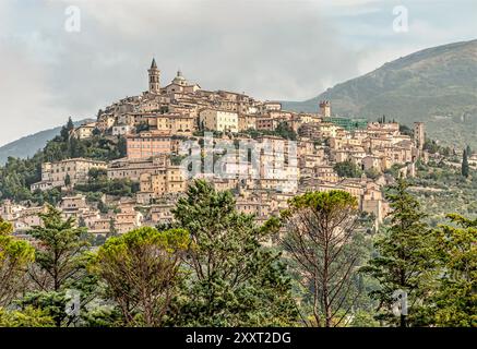 Distant view at the old town of Spoleto, Umbria, Italy Stock Photo