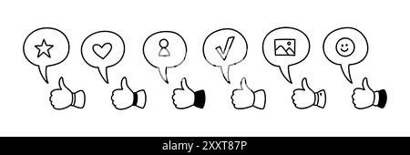 Thumb up cute line doodle icons set. Positive feedback, like, subscription, send and read message handwriting vector illustration. Speech bubble set Stock Vector