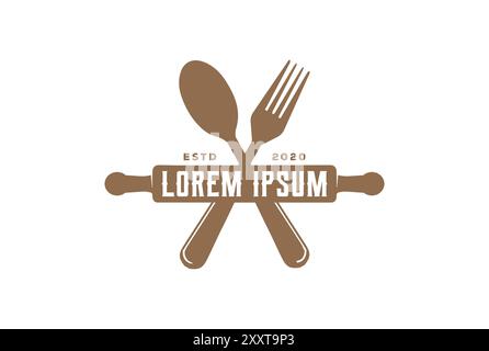 Vintage Hipster Rolling Pin with Spoon Fork for Cafe Bakery Restaurant Logo Design Vector Stock Vector