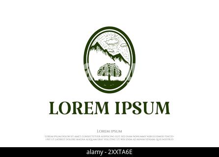 Vintage Retro Mountain Hill with Oak Banyan Tree Logo Design Vector Stock Vector