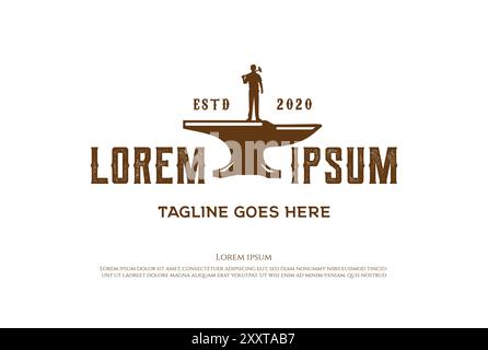 Retro Vintage Iron Man Worker with Anvil Foundry for Blacksmith Logo Design Vector Stock Vector