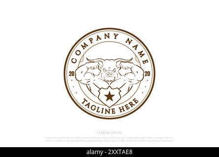 Hipster Vintage Retro Muscular Bull Longhorn Sport Gym Fitness Logo Design Vector Stock Vector