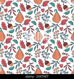 Autumn pattern with pumpkins and acorns. Cute fall background with colorful foliage and harvest. Hand drawn seasonal print for thanksgiving day Stock Vector