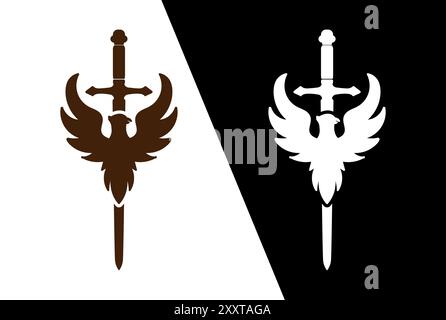 Retro Vintage American Bird Eagle Hawk Falcon Silhouette with Blades Weapon Logo Design Vector Stock Vector