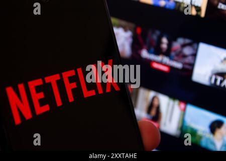 Netflix logo displayed on smartphone. Popular video streaming service Netflix. Afyonkarahisar, Turkey - July 19, 2024. Stock Photo
