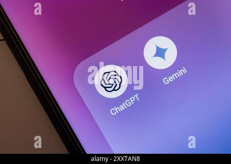 ChatGPT and Google Gemini app logo displayed on smartphone.  Afyonkarahisar, Turkey - July 19, 2024. Stock Photo