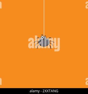 A Small Black Spider Hangs on its Web. Cartoon Cute and Funny Spider on an Orange Background for Halloween, Vector Illustration. Stock Vector