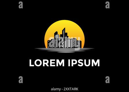 Sunset Sunrise with Urban City Town Silhouette Logo Design Vector Stock Vector