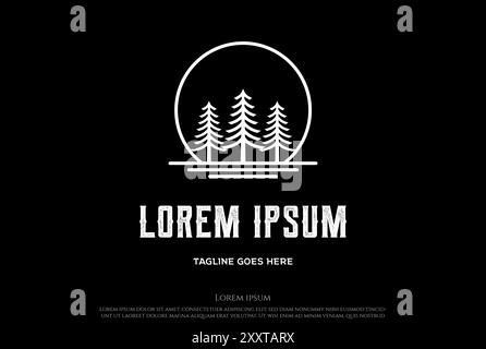 Sunrise Sunset Moon Pine Evergreen Cedar Cypress Larch Hemlock Tree Forest Lake River Logo Design Vector Stock Vector
