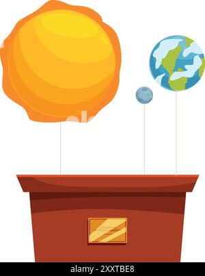 Scale model of the solar system showing the sun, earth, and moon Stock Vector