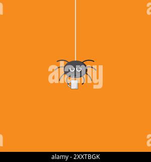 A Small Black Spider Hangs on its Web and Drinks Coffee. Cartoon Cute and Funny Spider with a Cup of Coffee on an Orange Background for Halloween. Stock Vector