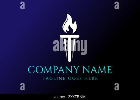 Initial Letter T Burning Torch Fire Flame with Pillar Column Logo Design Vector Stock Vector