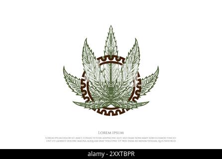 Vintage Marijuana Cannabis Ganja Leaf with Gear Cog Logo Design Vector Stock Vector