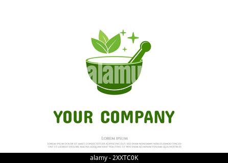 Green Mortar and Pestle with Leaf Leaves for Herbal Medicine Logo Design Vector Stock Vector