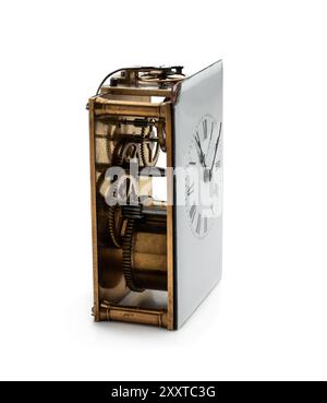 19th  century antique carriage clock mechanism with white porcelain panel Stock Photo