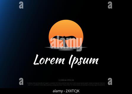 Simple Minimalist Sunset Sunrise with Whale Dolphin Tail Logo Design Vector Stock Vector