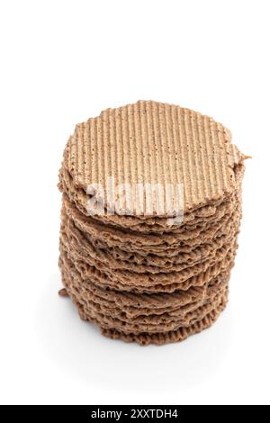 Stack  of thin round rye crispbreads isolated on white Stock Photo