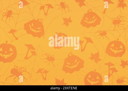 Wallpaper. Pattern. Jack-o'-lanterns and spiders silhouettes weave together in orange haze. Mood for creepy Halloween. Stock Photo