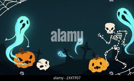 Ghosts and skeletons dance among glowing pumpkins and skulls, celebrating spooky Halloween night in graveyard. Cartoon art style. Stock Photo