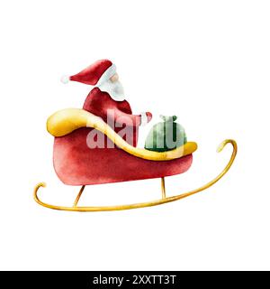 Santa Claus riding in red sleigh with bag of gifts. Christmas watercolor hand painted illustration isolated on background. For designers, decoration Stock Photo