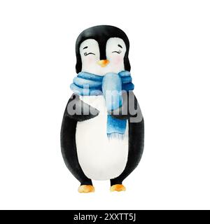 Cute smiling penguin wearing a blue scarf. Christmas north animal, watercolor hand painted illustration isolated on background. For designers Stock Photo