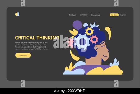 Critical Thinking concept. Profile of a person with gears in the brain, symbolizing thought processing. Education and cognitive development theme. Vector illustration. Stock Vector
