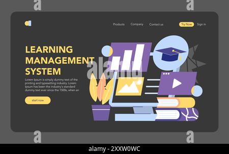 Online Education concept. A user-friendly interface for a Learning Management System. Books, graduation cap, and multimedia icons. Vector illustration. Stock Vector