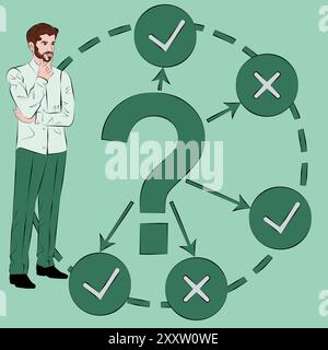 A man thinks about problems and questions during the decision-making process. Business concept. Outline vector illustration. Stock Vector