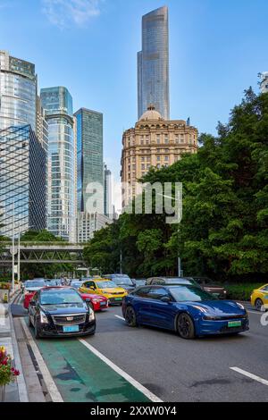 A street scene in Zhujiang New Town, a central business district in Tianhe District, Guangzhou city, Guangdong province, China. Stock Photo