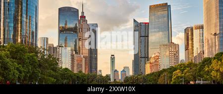 Panoramic view of modern high-rise buildings around the Huacheng Square. Zhujiang New Town, Tianhe District, Guangzhou, Guangdong Province, China. Stock Photo