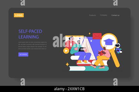 Adult Education concept. Online learning platform homepage with diverse students engaged in self-paced study. E-learning accessibility, digital classroom. Vector illustration. Stock Vector