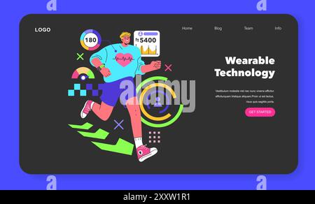 Fashion Tech concept. Dynamic landing page design showcasing wearable technology with fitness tracking features. Vector illustration. Stock Vector