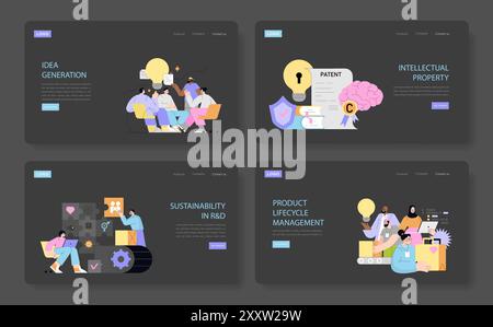 Innovation concept set. Idea generation, intellectual property protection, sustainable R D, product lifecycle. Creative team brainstorming, patent filing strategies. Vector illustration. Stock Vector