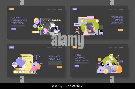 Global Market Expansion set. Illustrations depicting international business operations, compliance, and customer support. Each graphic showcases a unique aspect of global trade. Vector illustration. Stock Vector