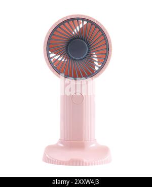 Pink portable fan close up on white background . Stock Photo
