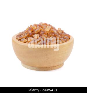 Rock sugar in wooden bowl close up on white background. Stock Photo