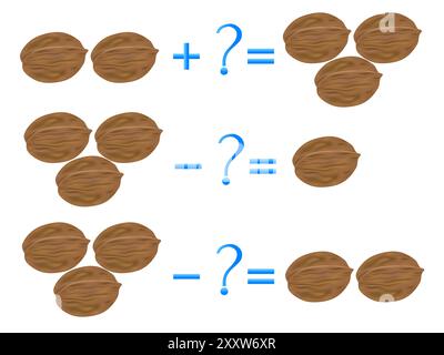 Action relationship of addition and subtraction, examples with walnuts. Educational games for children. Stock Vector
