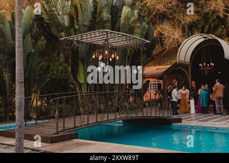 beautiful bridge in the pool Stock Photo
