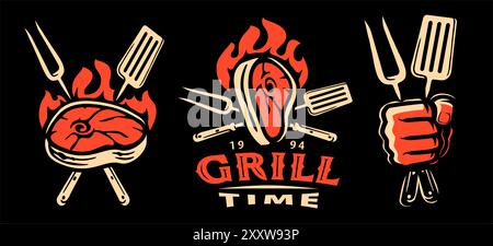 Barbecue and grill food labels, emblems and badges. Meat bbq restaurant logos set, vector illustration Stock Vector