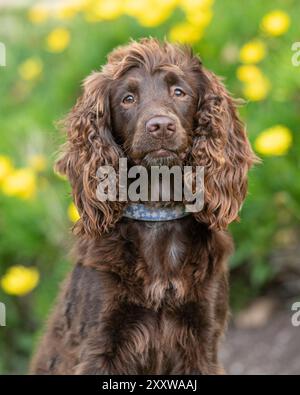 chocolate working english cocker spaniel dog in the garden Stock Photo