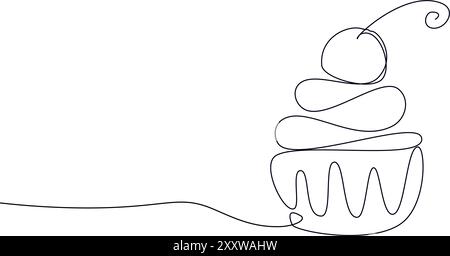 Single continuous line drawing of cupcake with cherry fruit topping art. Sweet pastry concept. Modern one line draw design vector graphic illustratio Stock Vector