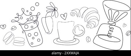Coffee line label. Sketch of cup, dessert, aroma beans. Bakery and cafe abstract design vector illustration Stock Vector