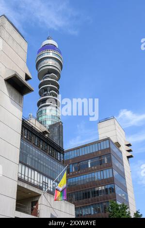 London, UK. BT Tower (1964 - formerly the Post Office Tower) in Fitzrovia, seen from the University of Westminster campus in New Cavendish Street Stock Photo