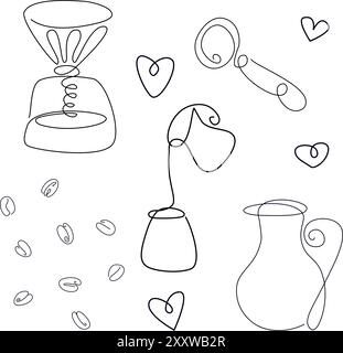 Set of Continue line of barista pouring milk to coffee. Line art drawing of staff coffee vector illustration. Minimalist Stock Vector