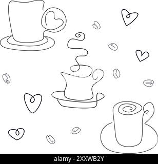 Collection. Silhouette of a cup of coffee, tea in a modern one line style. Solid line, outline for decor, posters, stickers, logo. Set of vector illus Stock Vector